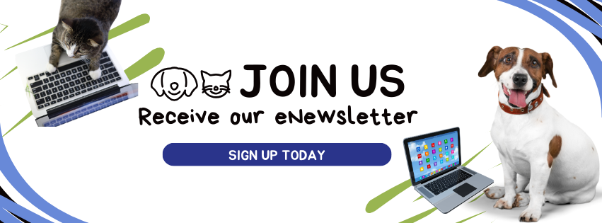 The image is a promotional banner encouraging people to sign up for an e-newsletter. It features the text "JOIN US - Receive our eNewsletter" with a "SIGN UP TODAY" button. The design includes a cat on a laptop on the left and a dog sitting beside a laptop on the right, with fun, inviting graphics that reflect a pet-friendly theme.