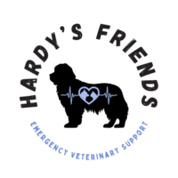 Logo featuring a dog silhouette with a blue heart and heartbeat line, surrounded by the text 'Hardy's Friends' and 'Emergency Veterinary Support.