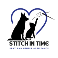 Logo featuring a silhouette of a dog and a cat inside a blue heart outline, with a needle and thread forming a smaller heart. Text below reads 'Stitch in Time' with the tagline 'Spay and Neuter Assistance.