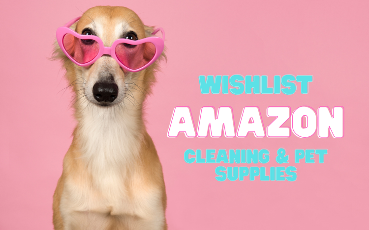 Dog wearing pink heart-shaped sunglasses against a pink background, next to the text 'Wishlist Amazon cleaning & pet supplies'.
